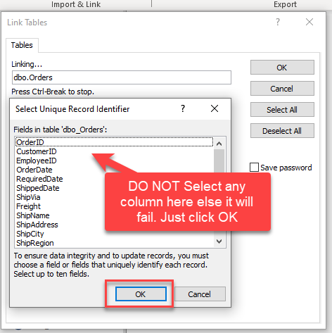 MS Access Linked Table - Key selection