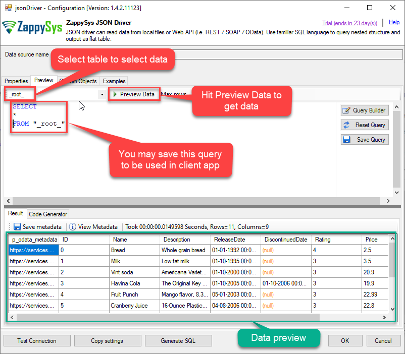 ZappySys ODBC Driver - Preview JSON Driver