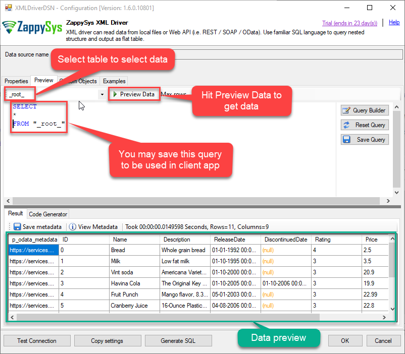 ZappySys ODBC Driver - Preview XML Driver