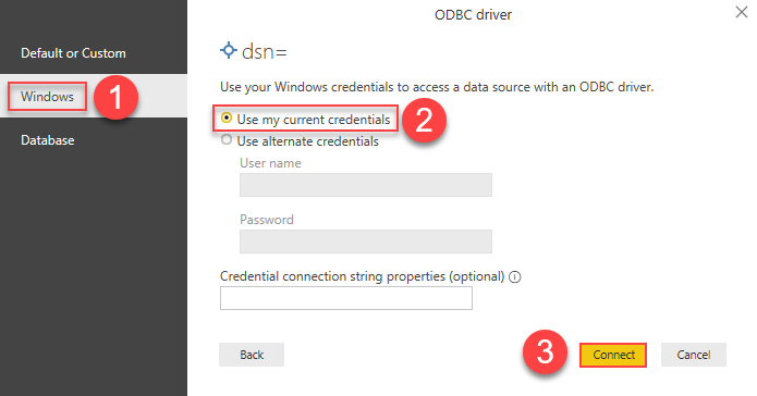 Power Bi DSN Authenticaation