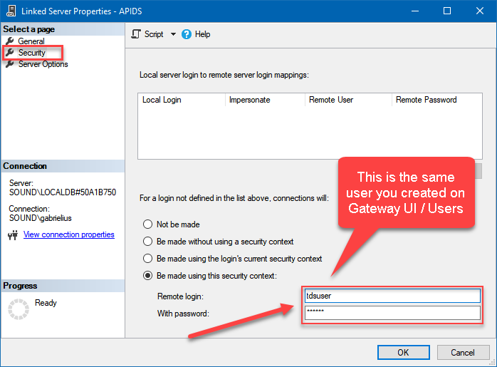 SSMS SQL Server Configure Linked Server User Name