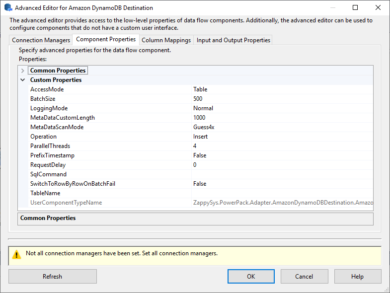 SSIS Amazon DynamoDB Destination - Setting UI
