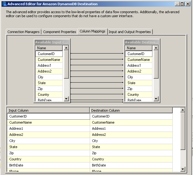 Configure SSIS Amazon DynamoDB Destination Adapter - Mapping Tab