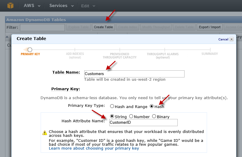 Create Amazon DynamoDB Table for SSIS Testing - Primary Key HASH or RANGE