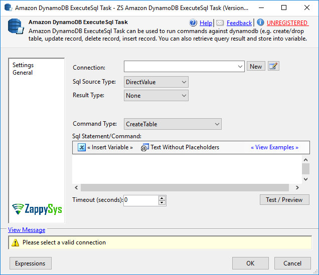 Amazon DynamoDB ExecuteSQL Task - Setting UI