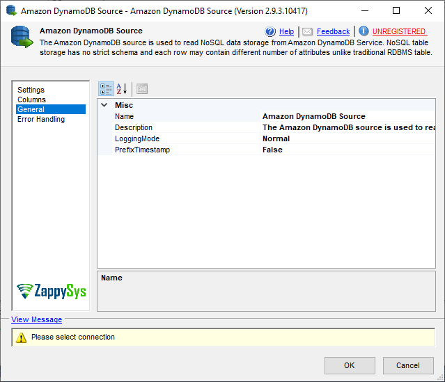 SSIS Amazon DynamoDB Source - Setting UI