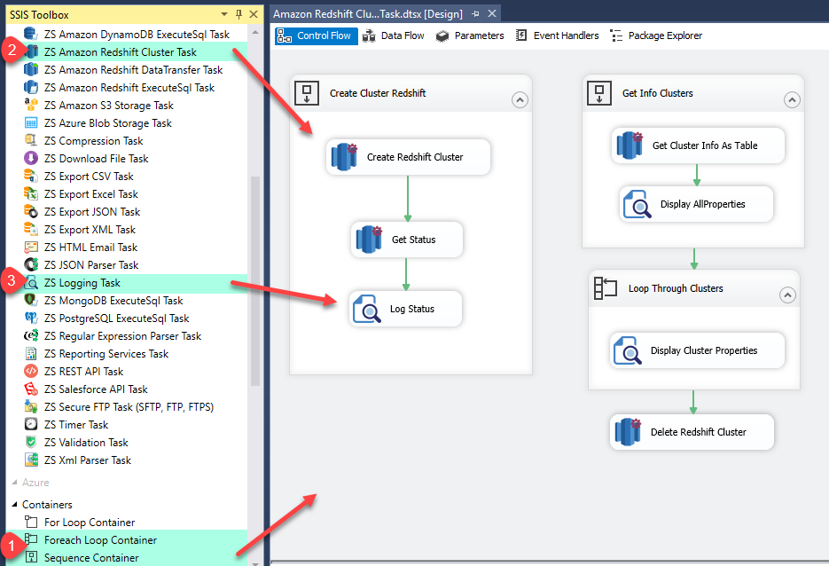 SSIS Amazon Redshift Cluster Management Task - Create, Delete, Loop through Redshift Cluster Properties, Create, Delete Snapshot
