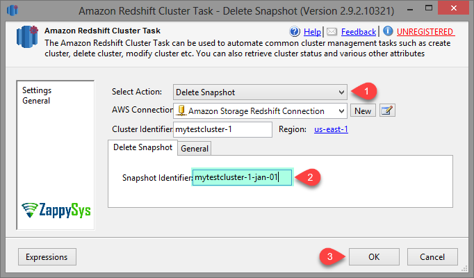 SSIS Amazon Redshift Cluster Management Task - Delete Snapshot Options