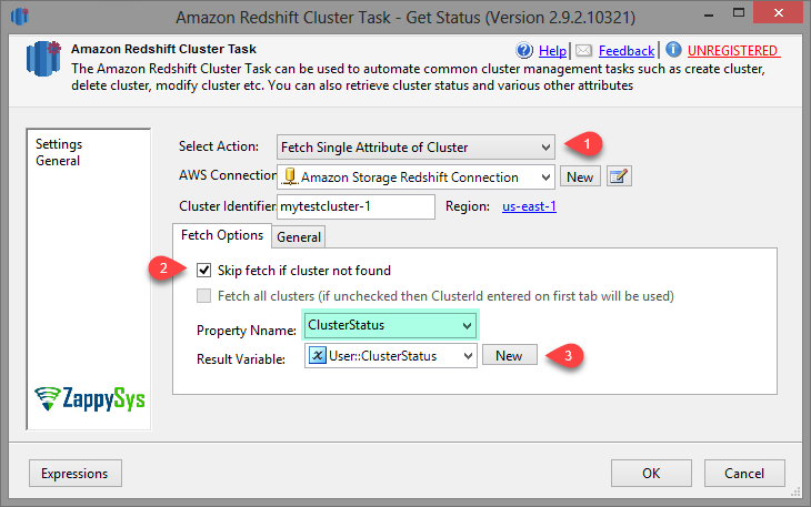 SSIS Amazon Redshift Cluster Management Task - Create Cluster Option