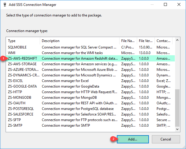 Amazon Redshift Connection Manager Add