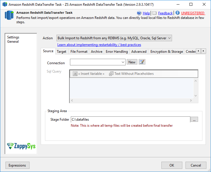 SSIS Amazon Redshift Data Transfer Task - Setting UI