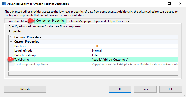 SSIS Amazon Redshift Destination - Component Properties
