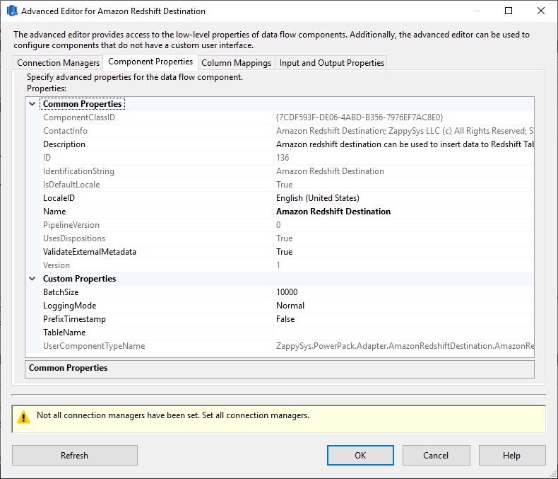SSIS Amazon Redshift Destination - Setting UI