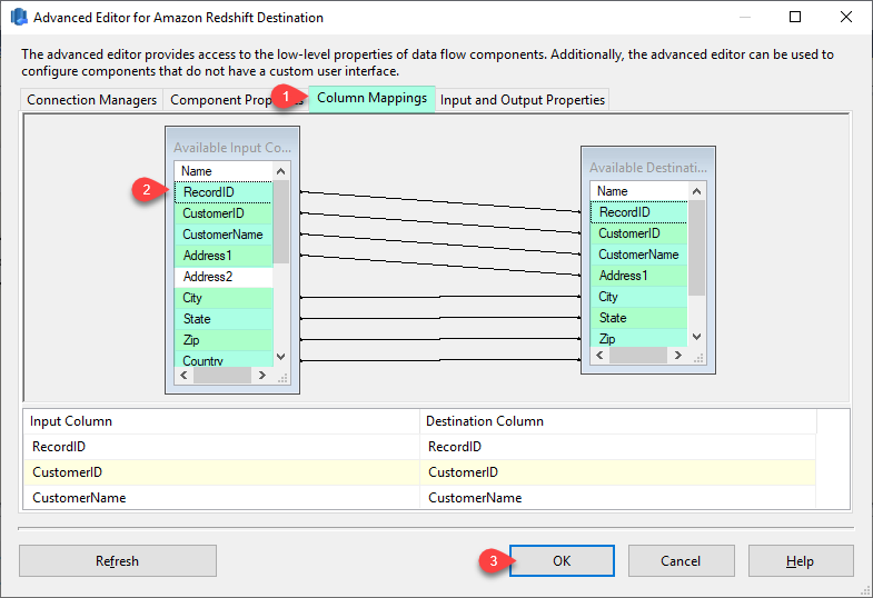 SSIS Amazon Redshift Destination - Columns Mapping Tab