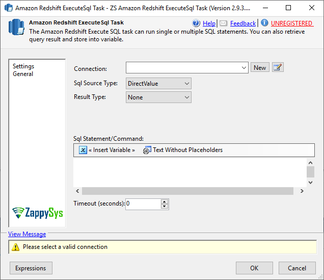 SSIS Amazon Redshift ExecuteSQL Task - Setting UI