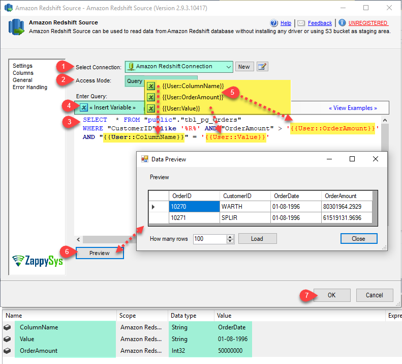 SSIS Amazon Redshift Source - Read data in SQL Query mode