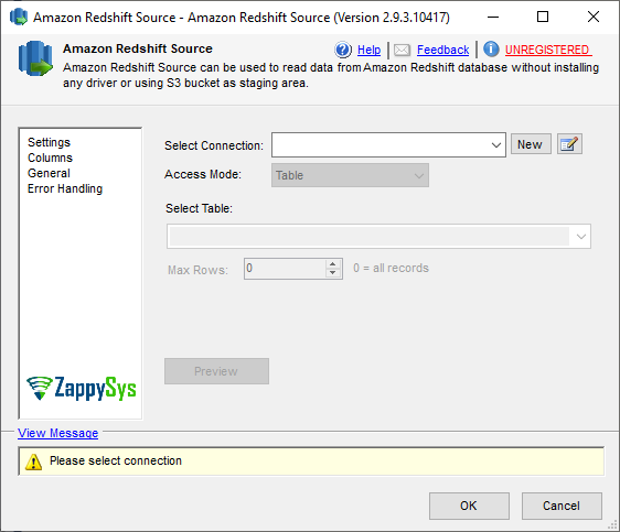 SSIS Amazon Redshift Source - Setting UI