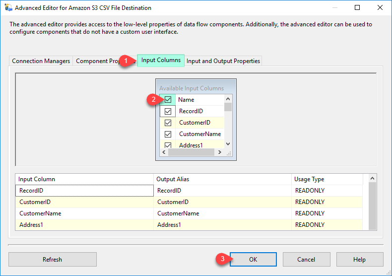 SSIS Amazon S3 CSV File Destination - Columns Mappings