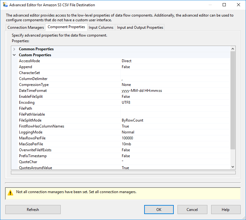 SSIS Amazon S3 CSV File Destination - Setting UI