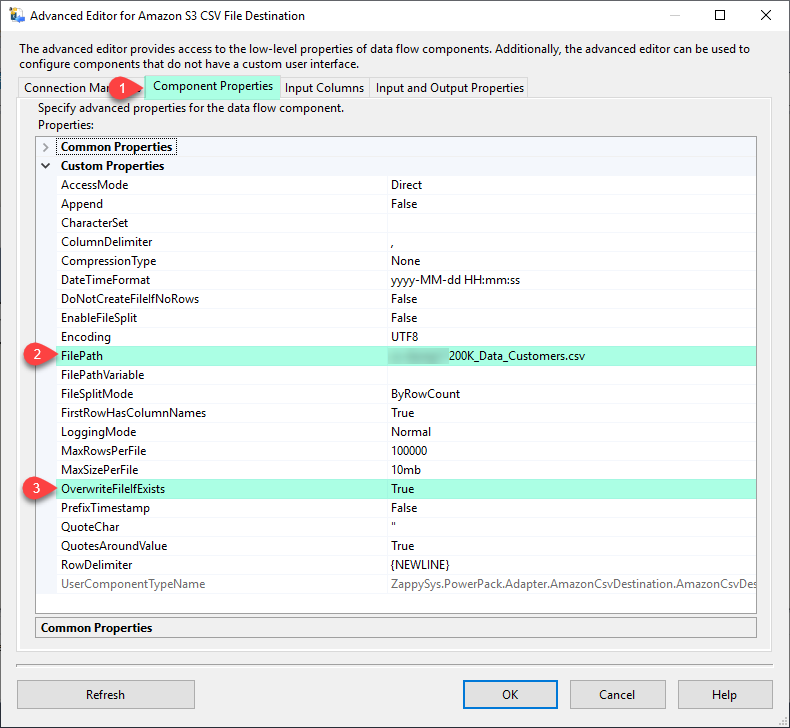 SSIS Amazon S3 CSV File Destination - Component Properties