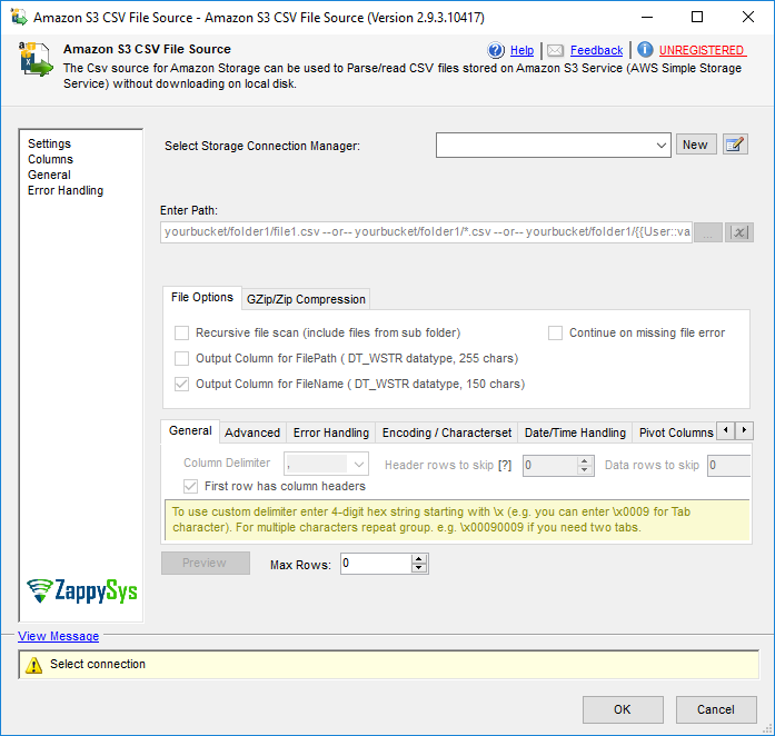 SSIS AmazonS3 CSV File Source - Setting UI