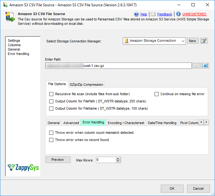 SSIS Amazon S3 CSV Source - Error Handling Options