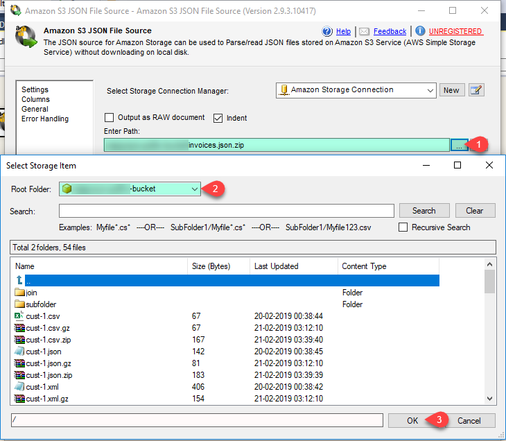 SSIS Amazon S3 JSON File Source � Select JSON File(s) using Blob Browser UI