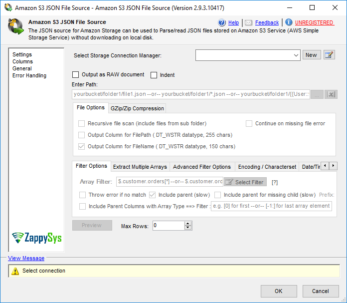 SSIS Amazon S3 JSON File Source - Setting UI