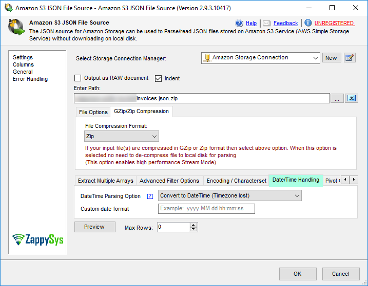 SSIS Amazon S3 JSON Source - DateTime Parsing Options