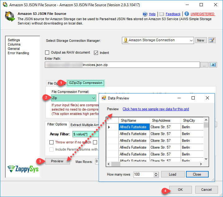 SSIS Amazon S3 JSON Source - Read Compressed JSON File (GZip or Zip)