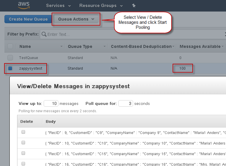 SSIS Load Test - View SQS Data in AWS Console - Record Count Check