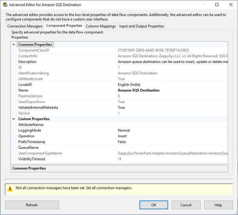 SSIS Amazon SQS Destination Adapter - Setting UI