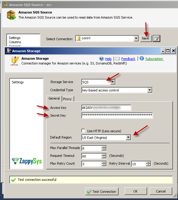 Configure SSIS Amazon SQS Destination Connection