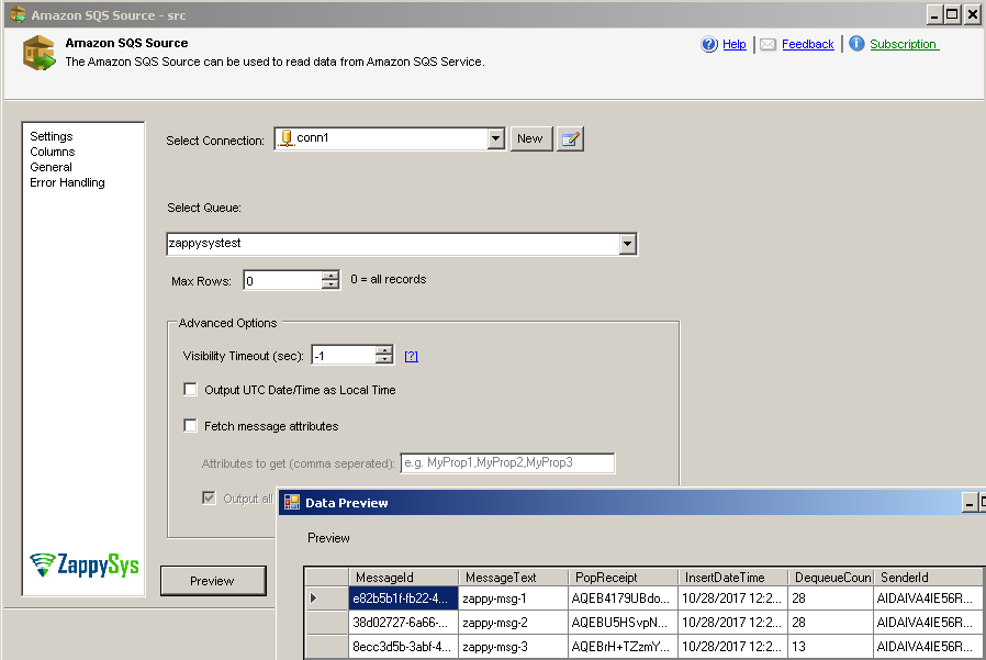 Configure SSIS Amazon SQS Source Connection