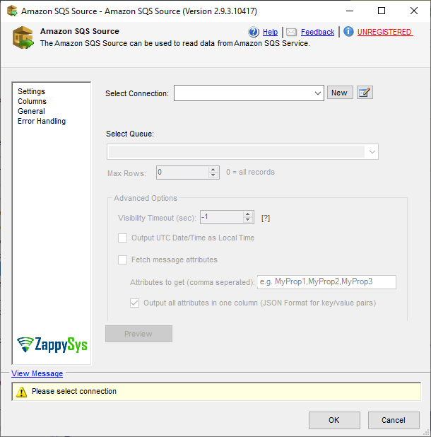 SSIS Amazon SQS Queue Source - Setting UI