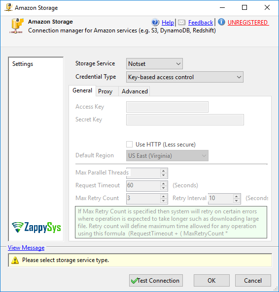 Amazon Storage Connection - Setting UI