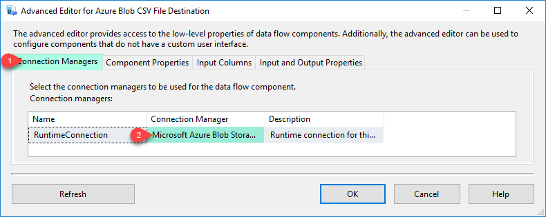 SSIS Azure Blob CSV File Destination - Select Connection Manager