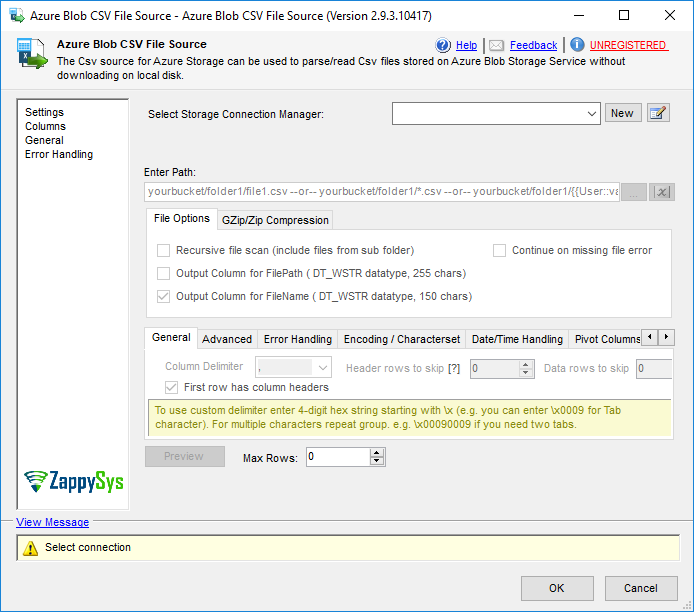 SSIS Azure Blob CSV File Source - Setting UI
