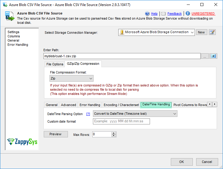 SSIS Azure Blob CSV Source - DateTime Parsing Options