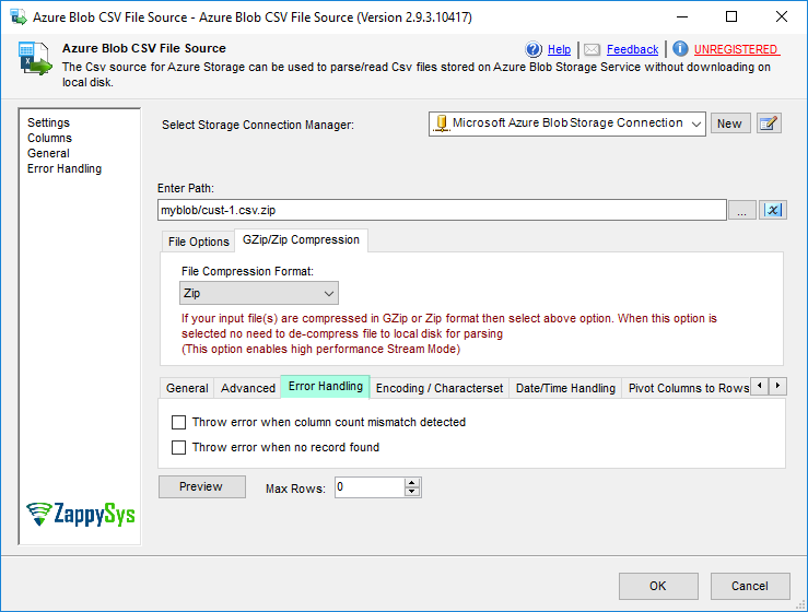 SSIS Azure Blob CSV Source - Error Handling Options