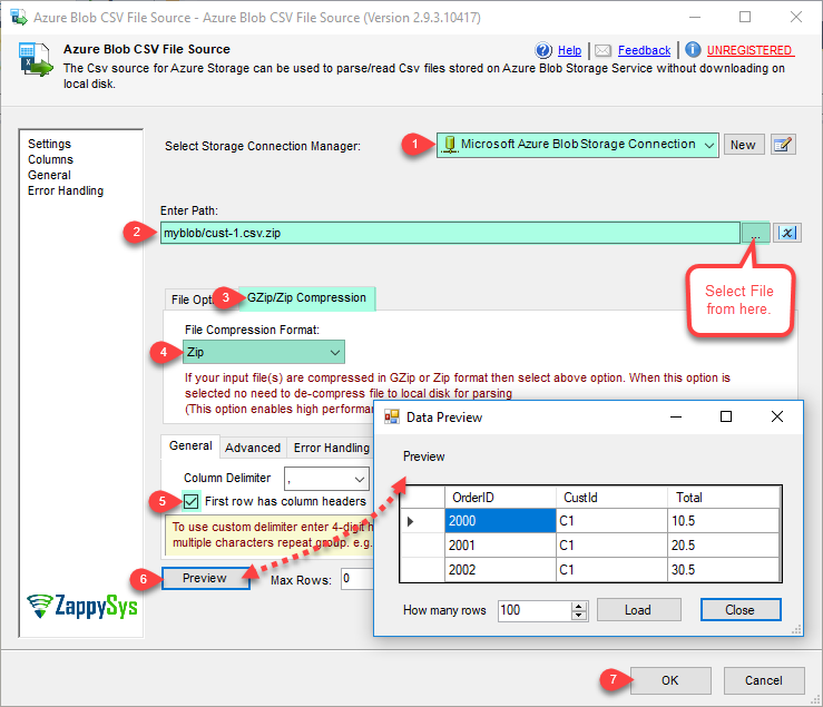 SSIS Azure Blob CSV Source - Read from CSV File Options