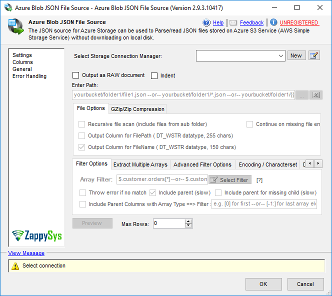 SSIS Azure Blob JSON File Source - Setting UI