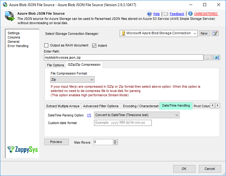 SSIS Azure Blob JSON Source - DateTime Parsing Options