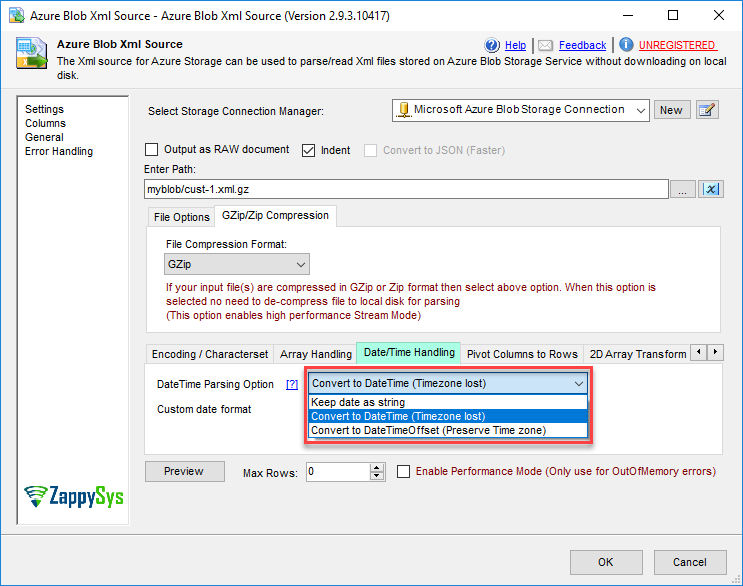 SSIS Azure Blob XML Source - DateTime Parsing Options
