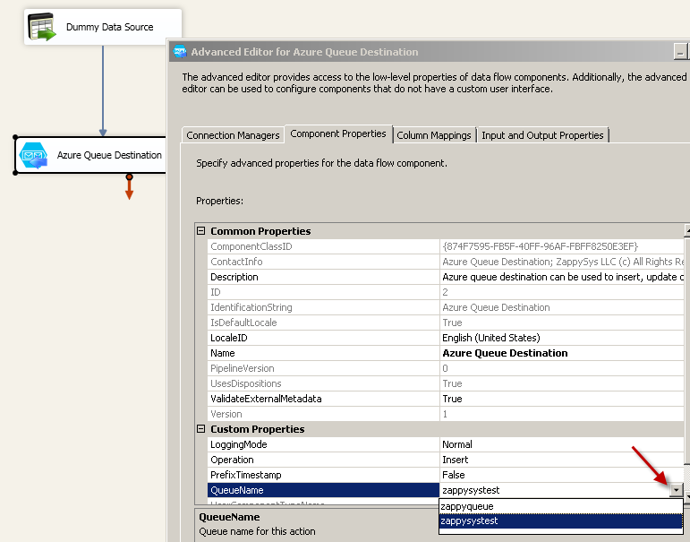 Configure SSIS Azure Queue Destination Adapter - Component Tab