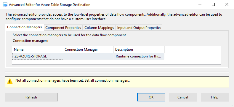 SSIS Azure Table Storage Destination - Setting UI