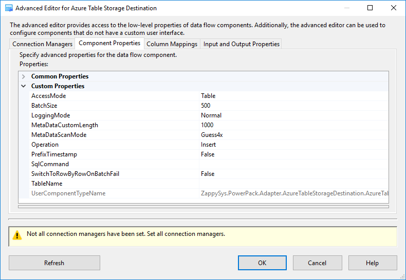 SSIS Azure Table Storage Destination - Setting UI