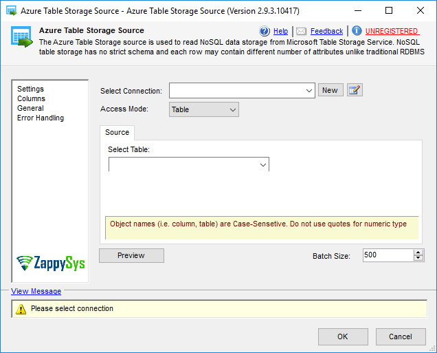 SSIS Azure Table Storage Source - Setting UI