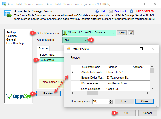 Configure SSIS Azure Table Storage Source Connection