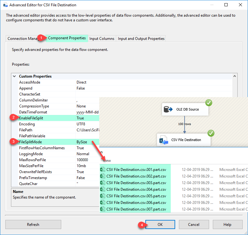 Enable file split in CSV destination SSIS